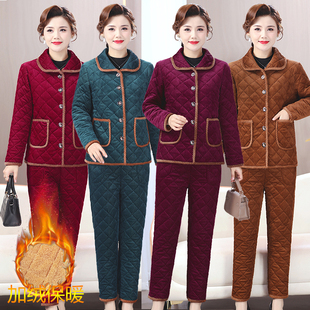 加绒加厚奶奶保暖两件套 妈妈女家居棉衣棉裤 中老年人冬装 棉袄套装