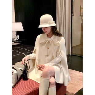 2025新款韩版双面呢子大衣斗篷女秋冬季加厚立领蝴蝶结毛呢短外套