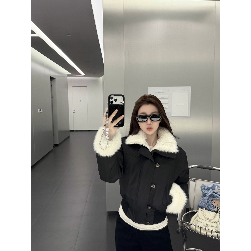 毛毛短外套女冬季防风夹克派克服