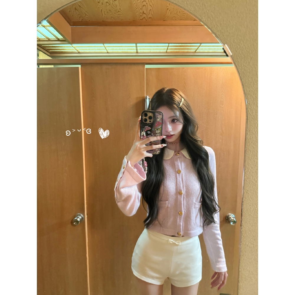 小翻领小香两色针织开衫上衣女秋