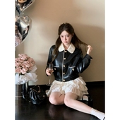 2025新款 pu皮衣女miu系千金娃娃领短外套夹克 设计感感小众中长款