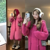 奶fufu羊羔毛颗粒绒大衣外套两件套秋冬加厚火龙果色连衣裙套装 女