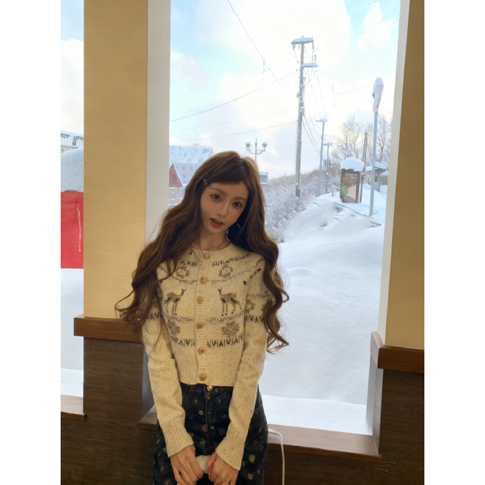 2025新款松弛感圣诞麋鹿刺绣毛衣女冬miu系千金风修身滑雪短开衫