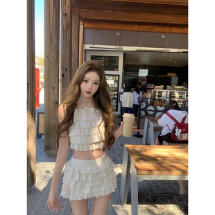 两件套纯欲小心机层叠荷叶边吊带背心女秋设计感蛋糕半身短裙套装