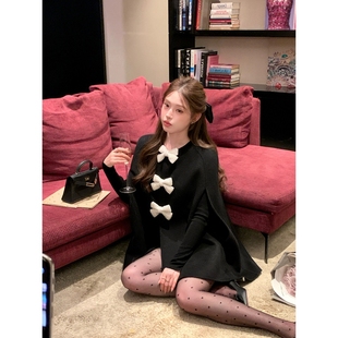 2025新款miu系千金双面呢子大衣斗篷女冬加厚珍珠蝴蝶结毛呢外套