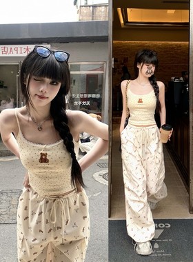 熊蕾丝拼接吊带背心女阔腿裤套装