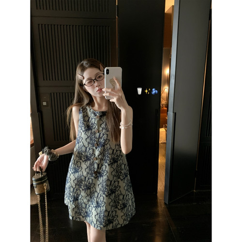 新中式水墨连衣裙A字背心裙女夏