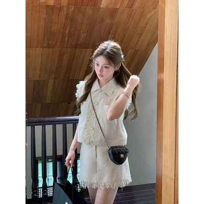 亚麻套装蕾丝拼接无袖工装马甲女