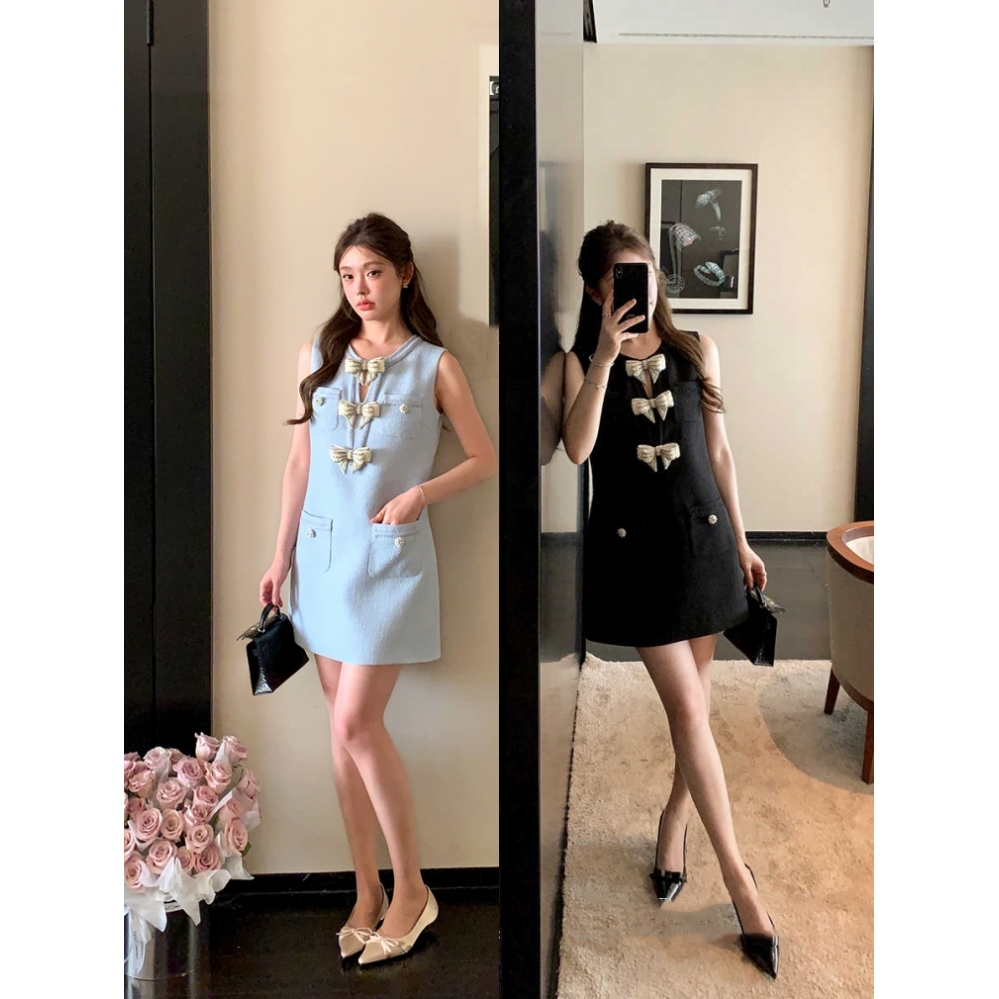 连衣裙富家千金感蝴蝶结无袖短裙女春夏法式赫本风粗花呢小黑裙子