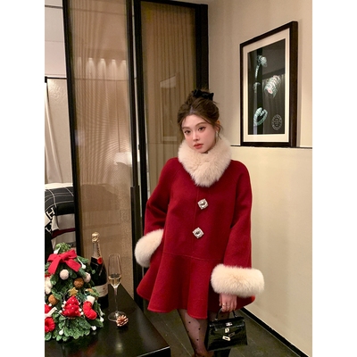 仿狐狸毛袖富家千金呢子外套女冬