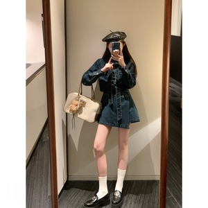 两件套复古港风蝴蝶结牛仔衬衫外套女秋慵懒松弛感百褶半身裙套装