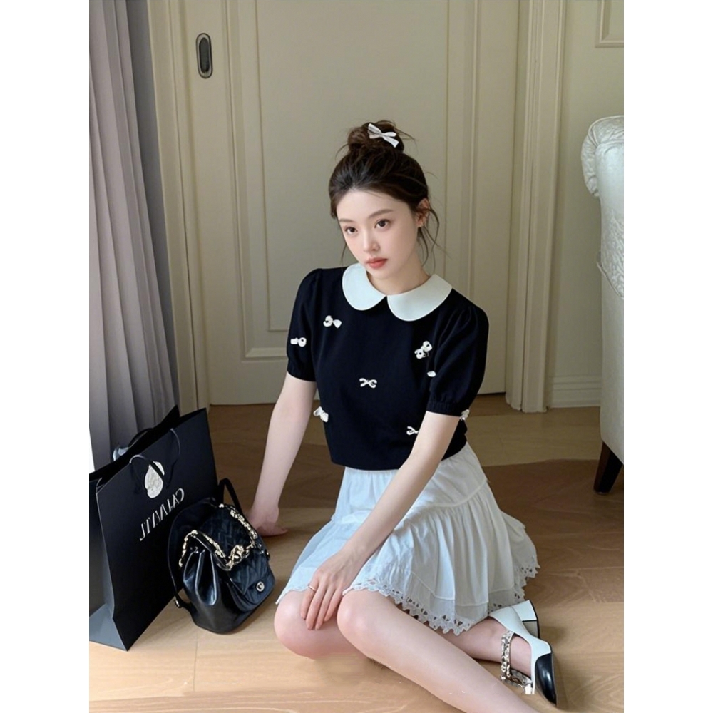 两件套MIU系甜美娃娃领蝴蝶结冰丝针织上衣女夏芭蕾风半身裙套装