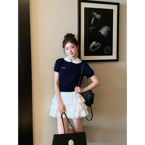 娃娃领假两件针织半身裙套装女夏