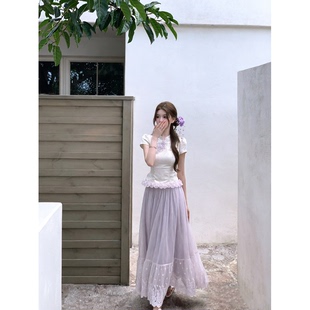2026新中式温柔风刺绣连衣裙女夏两件套长裙立体花旗袍网纱裙套装