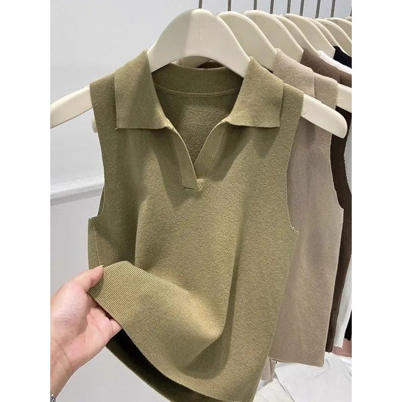 polo翻领薄款修身吊带外穿背心女春夏秋季冰丝针织坎肩无袖小