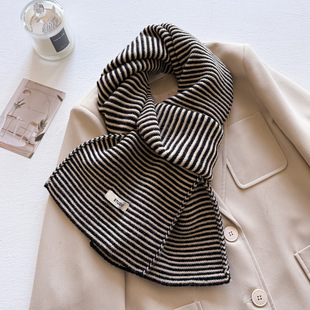 秋冬日韩甜妹风条纹羊毛混纺围巾保暖时尚 ol轻奢英伦复古