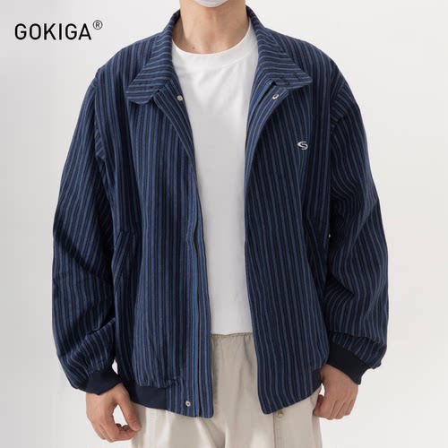 GOKIGA美式复古条纹工装夹克男秋