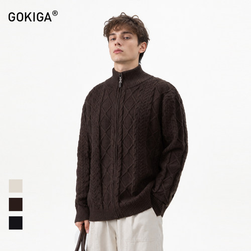 GOKIGA老钱风绞花立领开衫毛衣