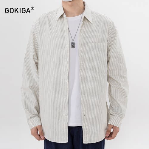 秋季潮流宽松条纹长袖衬衫外套男