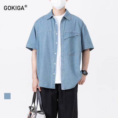 GOKIGA美式复古水洗短袖衬衫男夏
