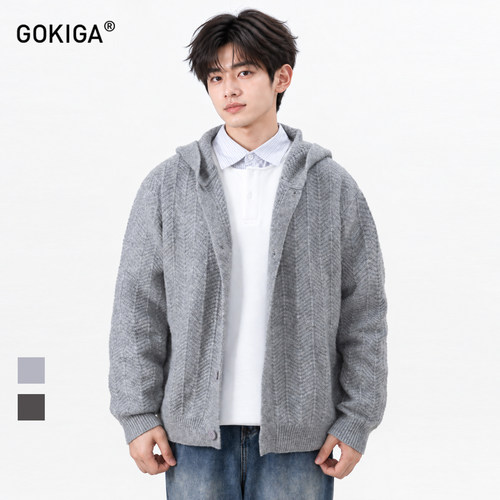 GOKIGA秋冬复古休闲连帽开衫毛衣