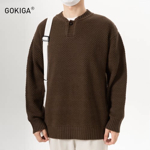 GOKIGA秋冬潮流复古亨利领毛衣男