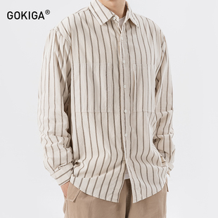 GOKIGA宫崎迦秋冬潮流休闲细条纹长袖 男复古撞色衬衣外套2324 衬衫