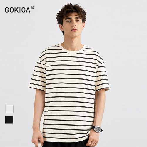 GOKIGA夏季休闲条纹短袖T袖男