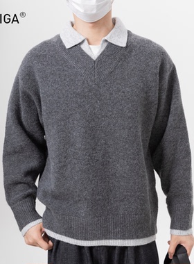 GOKIGA宫崎秋冬季迦复古假两件拼接针织衫男潮流宽松休闲毛衣8303