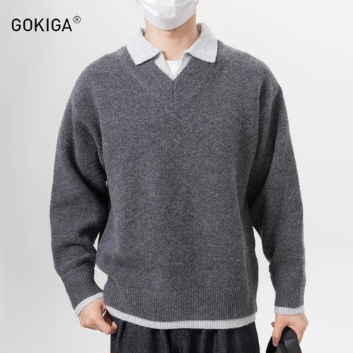 GOKIGA崎秋冬迦复古假两件针织衫