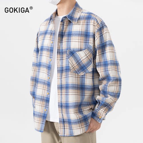 GOKIGA春秋日系宽松格子长袖衬衫
