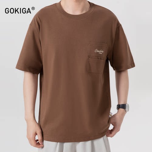 GOKIGA夏季纯棉圆领口袋短袖T恤