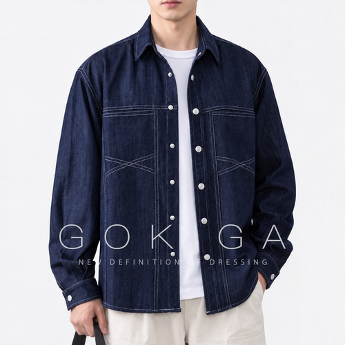 GOKIGA复古宽松水洗牛仔衬衫男秋