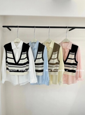 MORNING白色假两件衬衫女设计感小众韩风chic宽松显瘦条纹上衣春