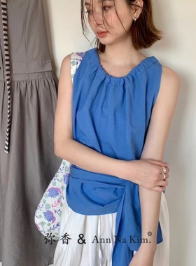 弥香抽褶挂脖系带无袖背心女春夏设计感蝴蝶结绑带小个子吊带上衣