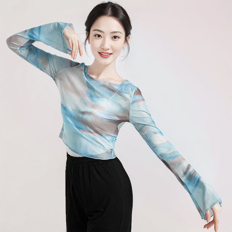 现代舞蹈服上衣爵士舞练功服成人女扎染喇叭长袖短款防晒网纱T恤,运动/瑜伽/健身/球迷用品,现代舞服装,淘宝优惠券,粉丝福利购,淘宝优惠卷