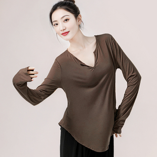 成人 爵士舞宽松罩衫 长袖 t恤V领慵懒打底衫 女现代舞蹈上衣练功服装
