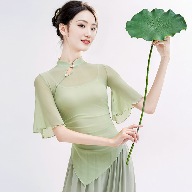 古典舞新款上衣飘逸纱衣身韵练功服民族舞中国舞仙气网纱短袖旗袍