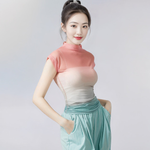 现代舞蹈服渐变短袖 高领上衣古典舞中国舞练功服形体服纱衣成人女