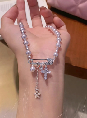 别针十字架曼塔玫瑰珍珠项链女小众配饰毛衣链秋冬轻奢高级感饰品