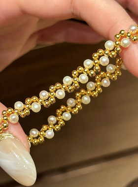 弹力绳金珠双拼黄虎眼石编织串珠手链轻奢高级感珍珠手串女款手饰