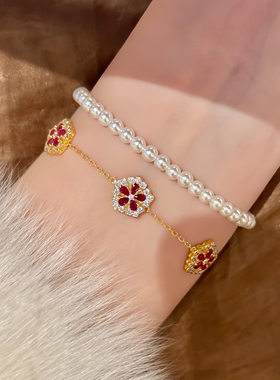 红刚玉牡丹花手链女生轻奢高级感精致手串小众红色锆石本命年手饰