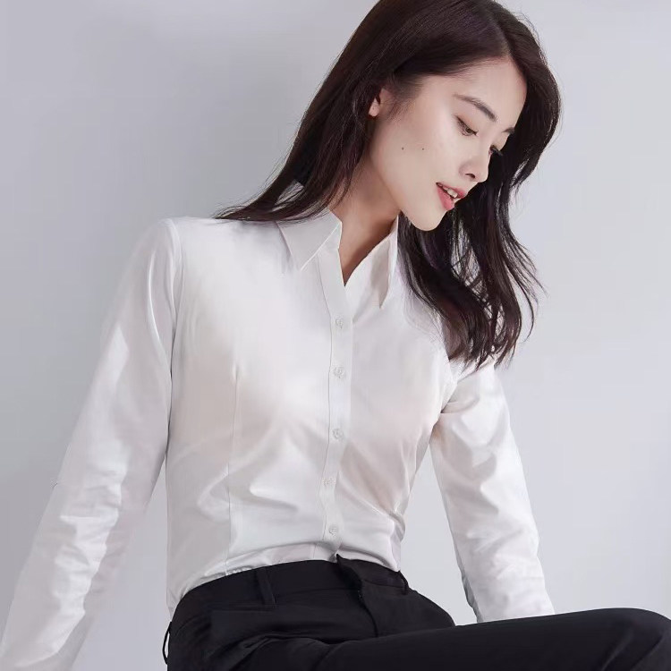 纯白衬衫女长袖春秋抗皱棉修身衬衣正装职业工装工作服气质大码寸