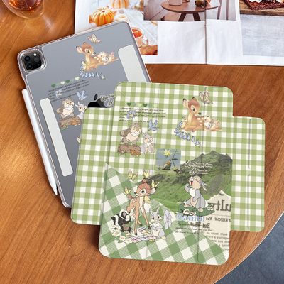 绿格纹小鹿斑比兔子适用ipadpro11寸保护壳air6透明ipadair7女2025磁吸分离air4可拆卸MINI7第10代套11代9/8