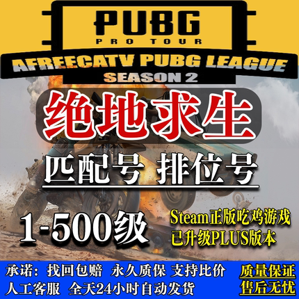 绝地求生帐号steampubg吃鸡账户plus豪华版1-80-500级匹配排位号