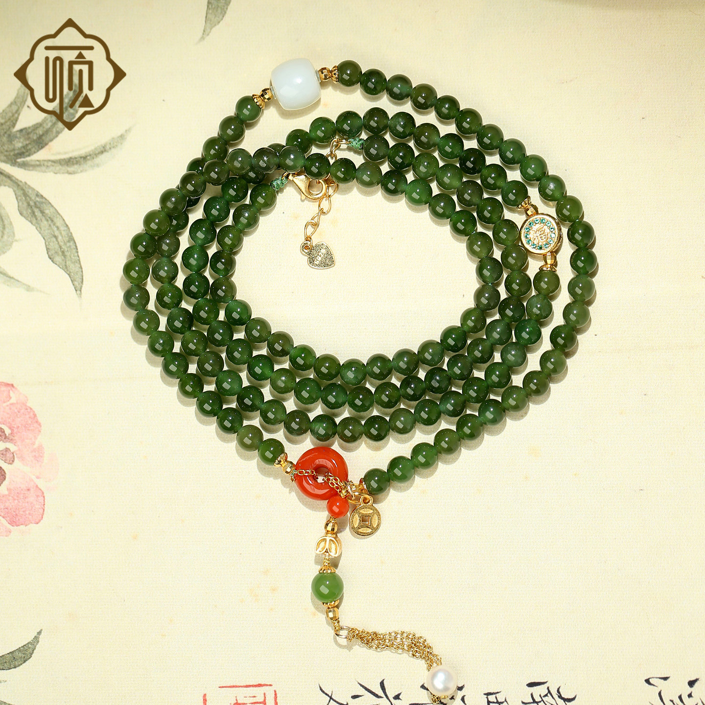 顽石灵莹润碧色收藏级老坑碧玉和田玉多圈925银设计款手链W1-71