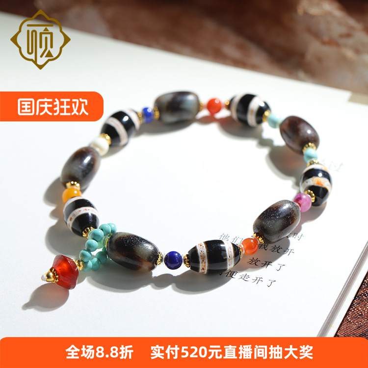 顽石灵 S925银设计款虎牙天珠双线天珠多宝手链W1-189