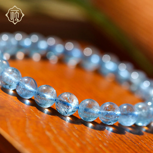 顽石灵清透海蓝韵收藏级玻璃体海蓝宝石圆珠单圈手串W2-264