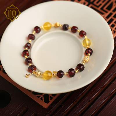 顽石灵 精品血珀琥珀混搭金珀S925银镀金设计款手串W2-108