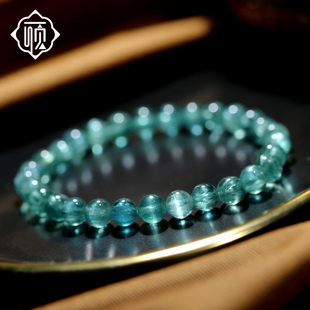 顽石灵可遇不可求玉化玻璃体猫眼清透蓝绿色蓝晶石圆珠手串W2-15